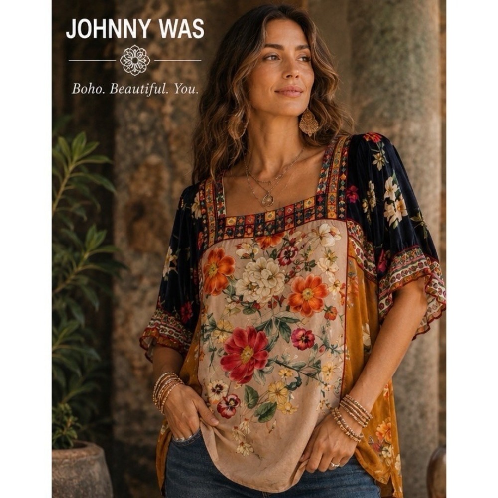 Johnny Was Floral Boho Tunic in Navy, Mustard, Beige with Red & Orange Blooms